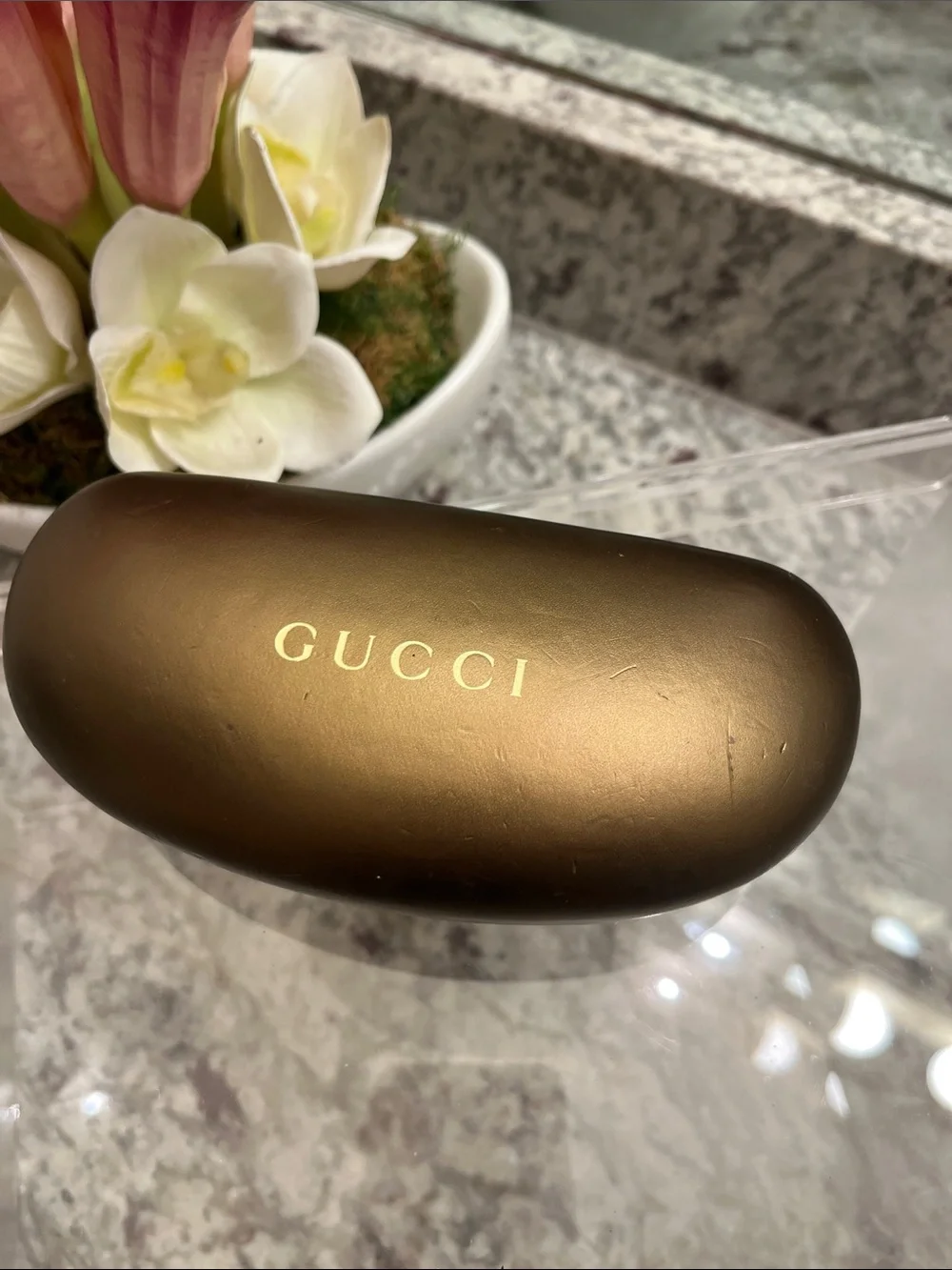 Gucci Metallic Gold Eyeglass Case with Brown Interior